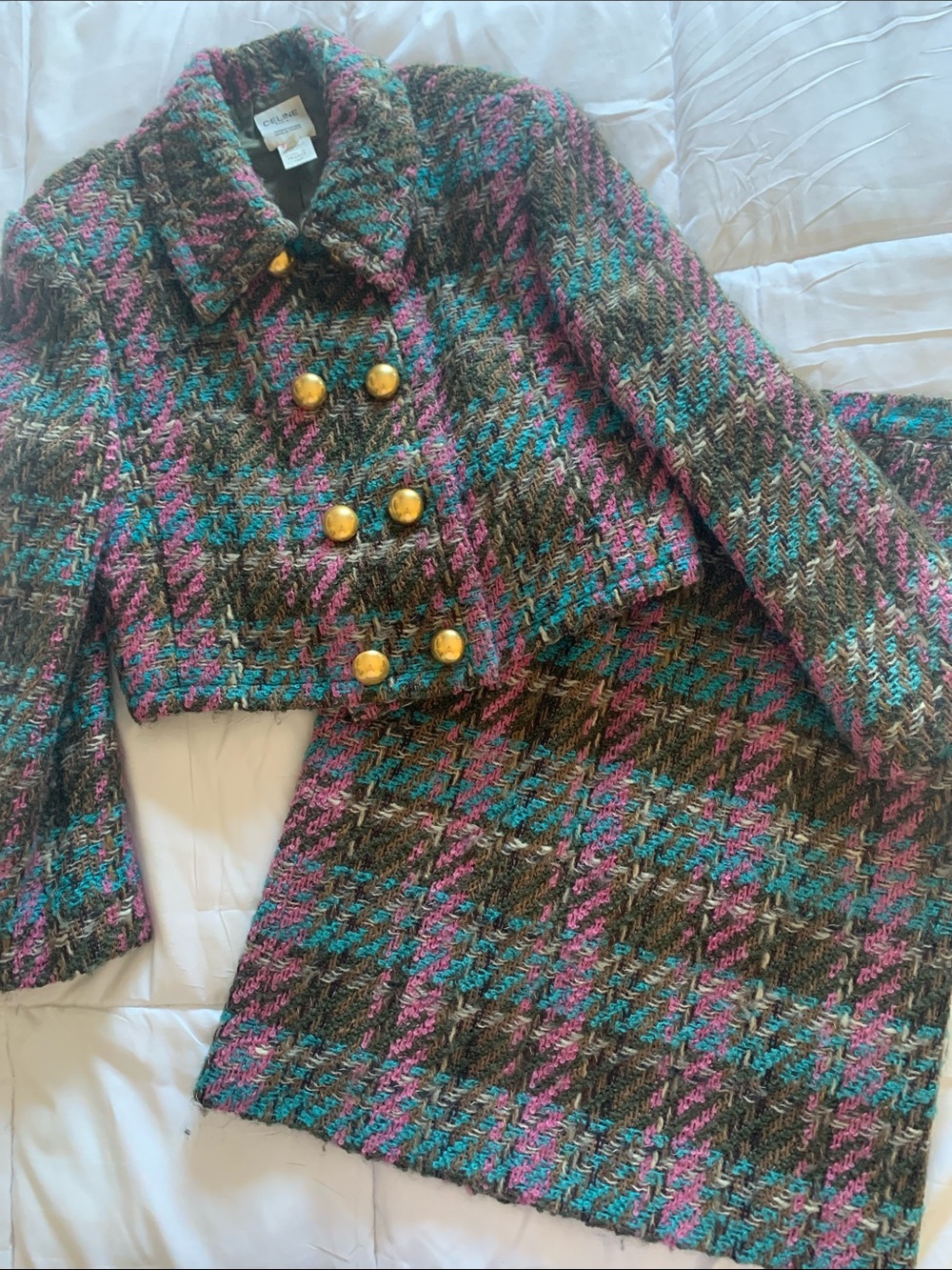 Celine Skirt and Jacket Suit Size 42 Wool Tweed Turquoise, Brown, Pink Vintage